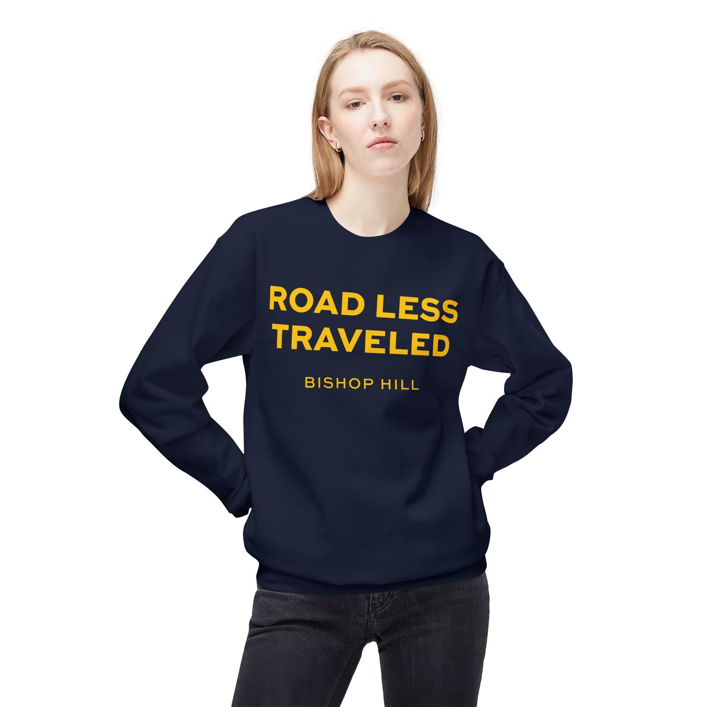 ROAD LESS TRAVELED on Black Unisex Midweight Softstyle Fleece Crewneck Sweatshirt
