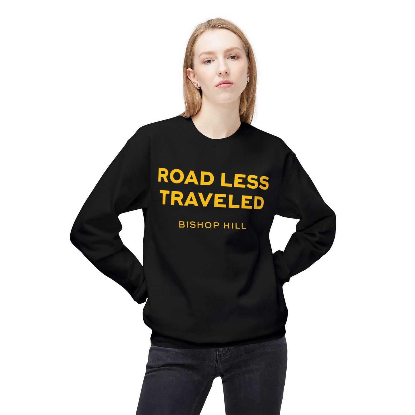 ROAD LESS TRAVELED on Black Unisex Midweight Softstyle Fleece Crewneck Sweatshirt