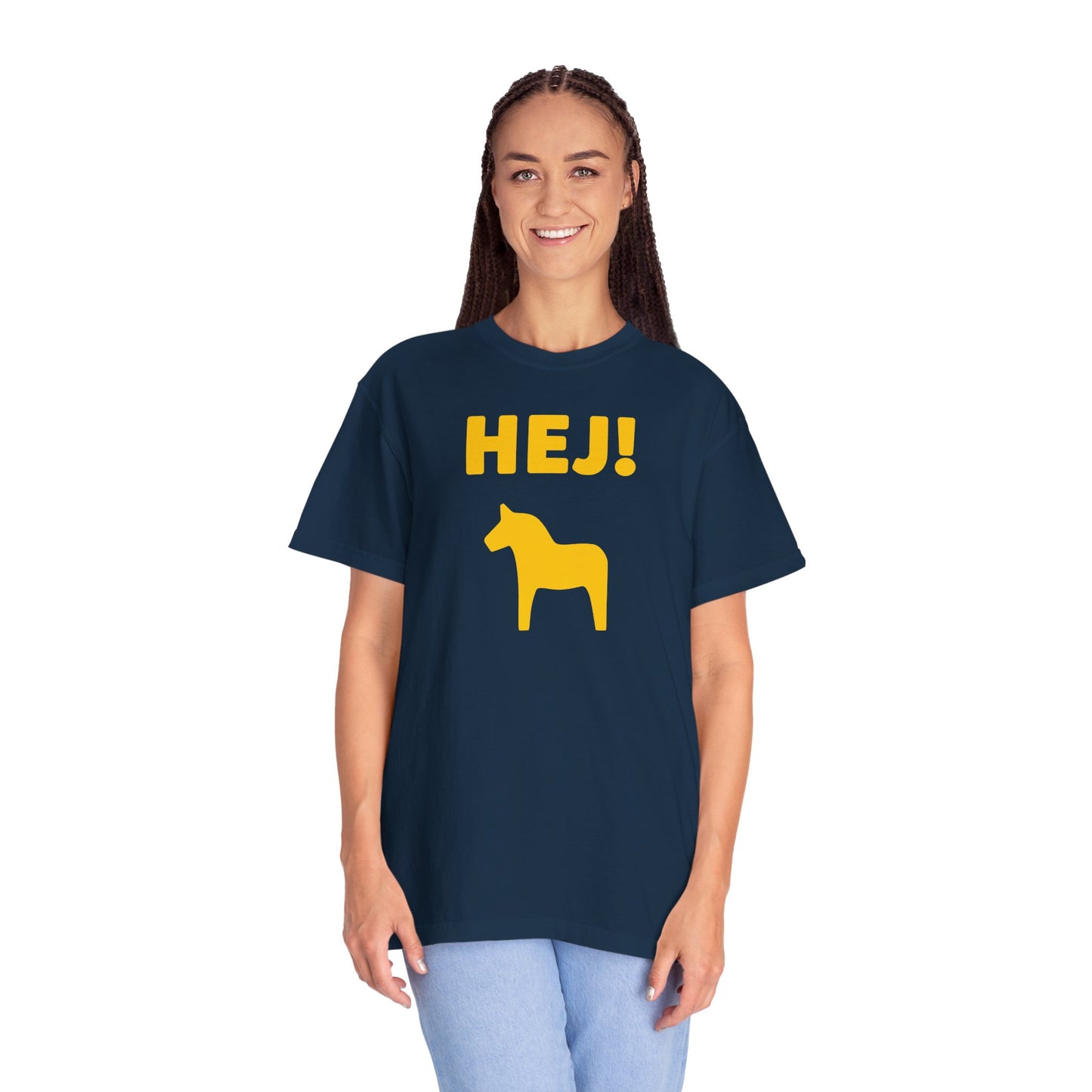 HEJ! on Navy Blue Unisex Garment-Dyed T-shirt