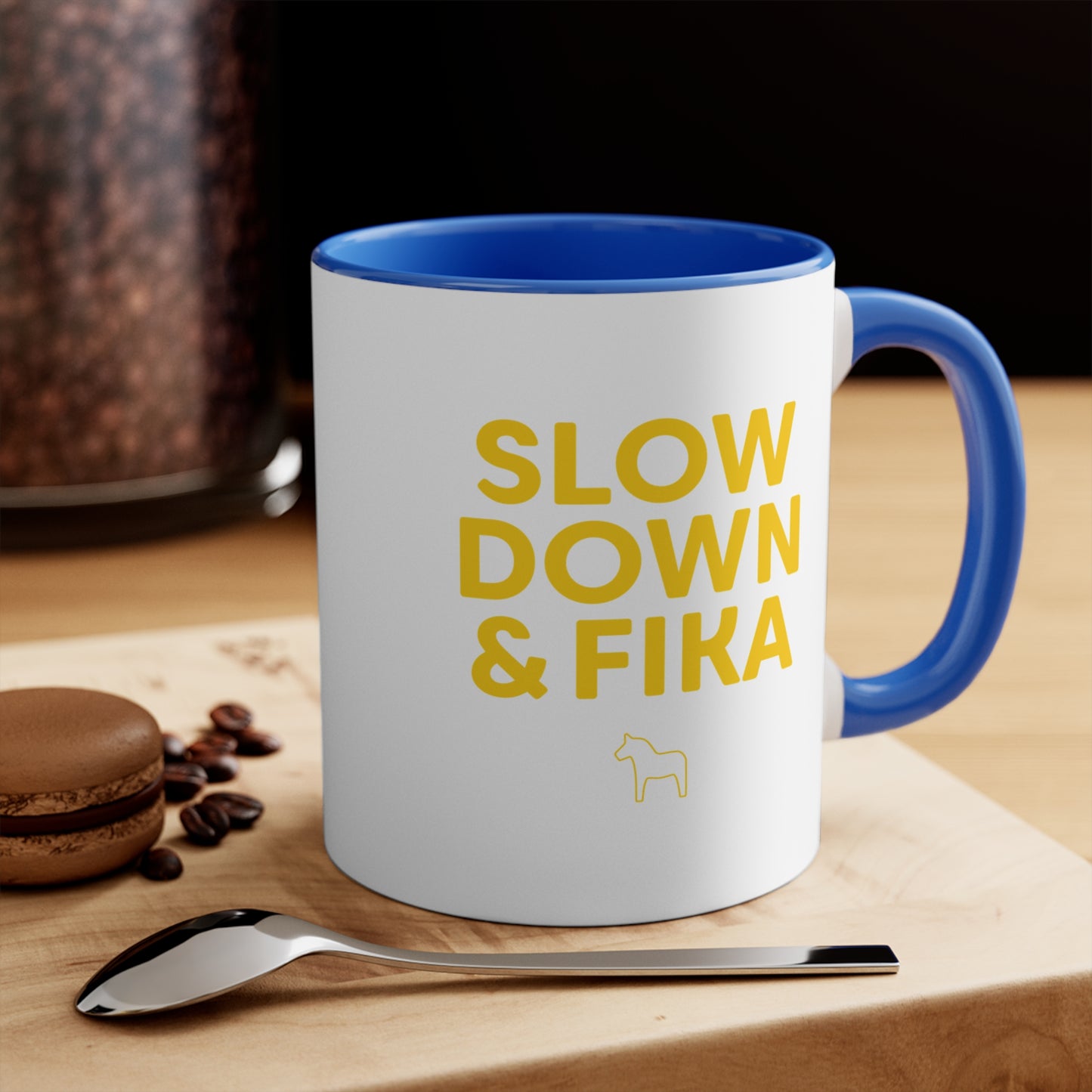 SLOW DOWN & FIKA on BLUE Colorful Accent Mugs, 11oz